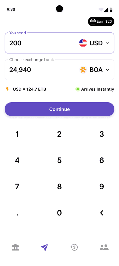 Send money screen